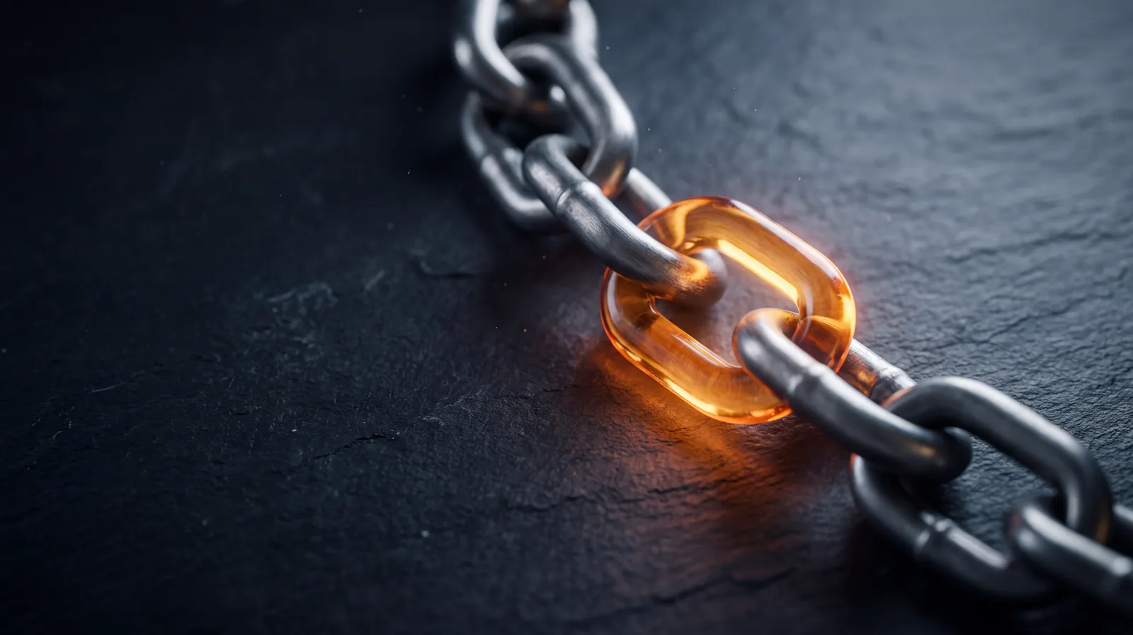 Macro photograph of a steel chain on dark slate with one glowing amber link in the centre, representing the weakest link in a supply chain