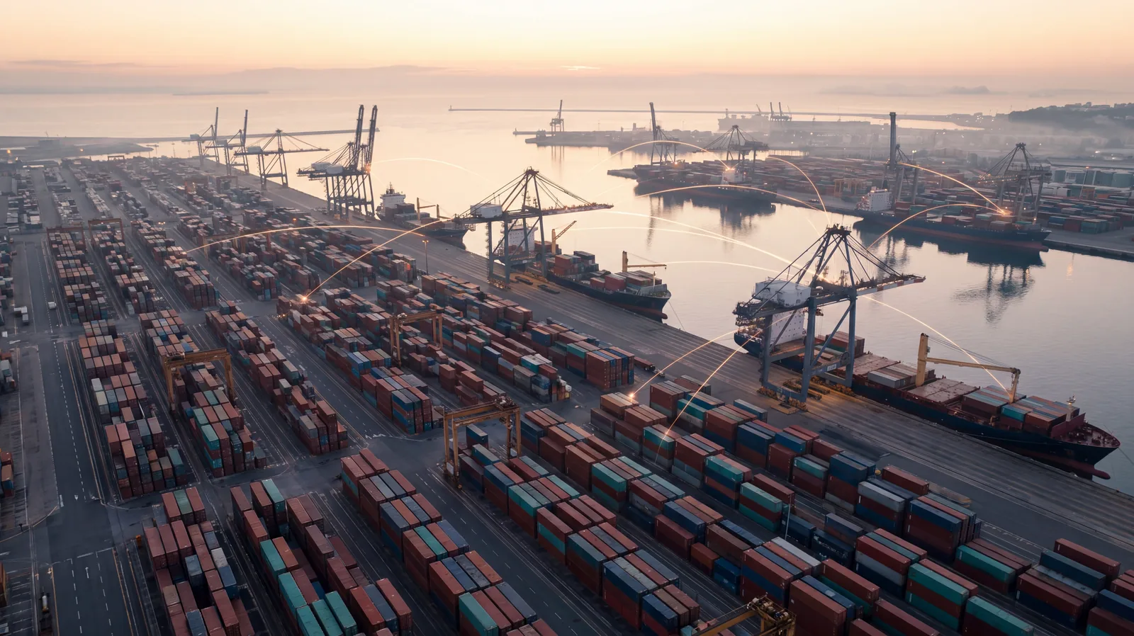 Aerial view of a container port at dawn, with stacks of shipping containers and idle cranes linked by faint threads of light, representing a supplier network
