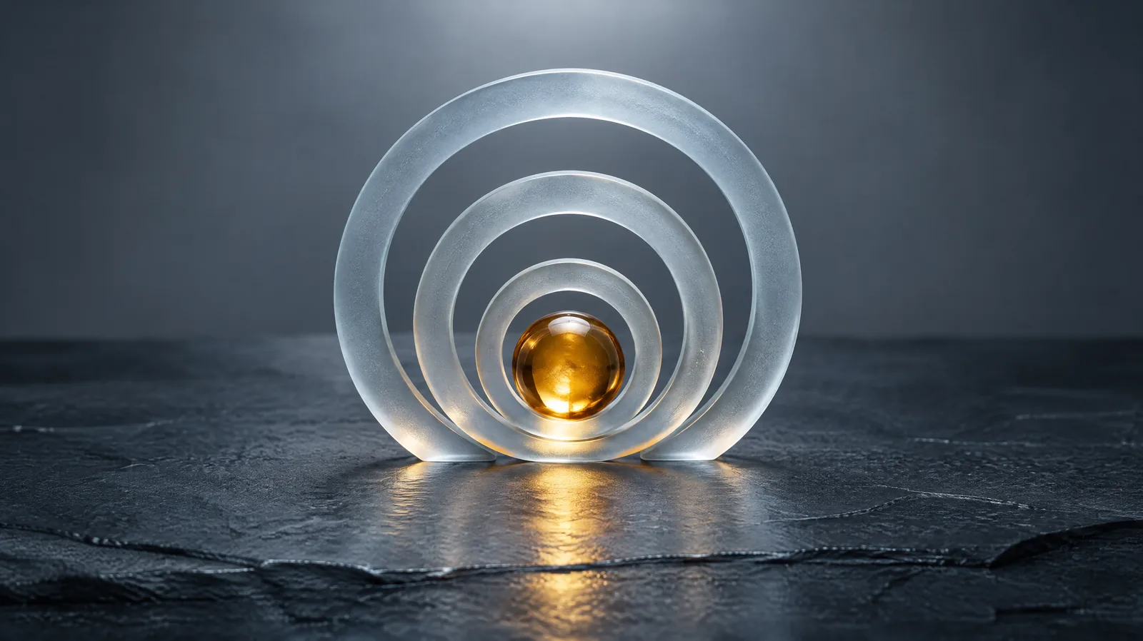 Three concentric frosted glass rings protecting a glowing amber sphere, representing the three lines model of risk accountability