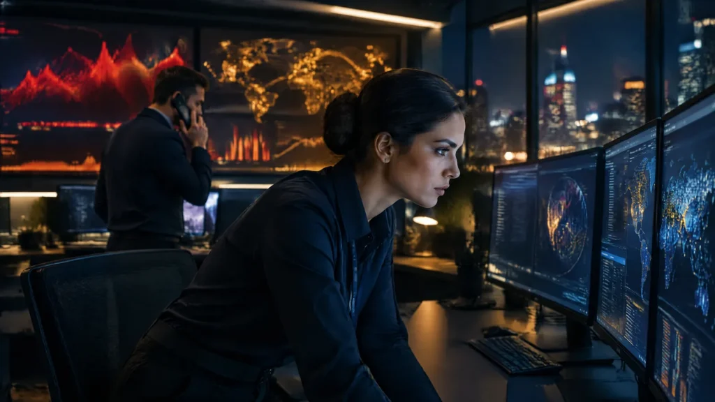Security analysts monitor emerging cybersecurity threats in a security operations centre.
