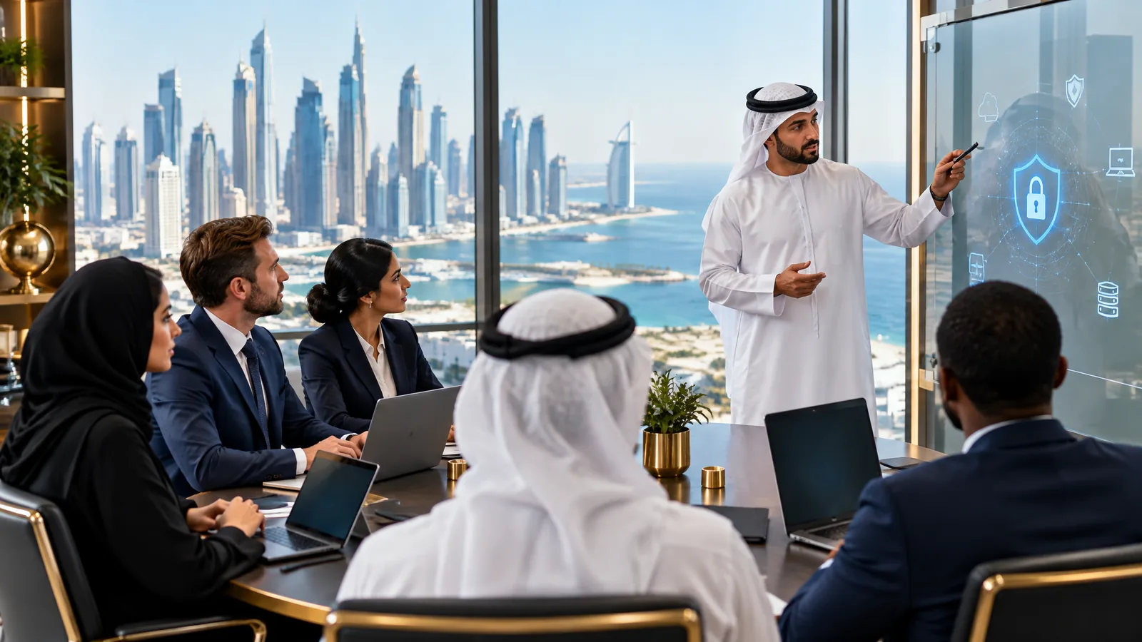 Emirati and expatriate professionals at a training table in a high-rise office with a Gulf city skyline, representing UAE cyber security training
