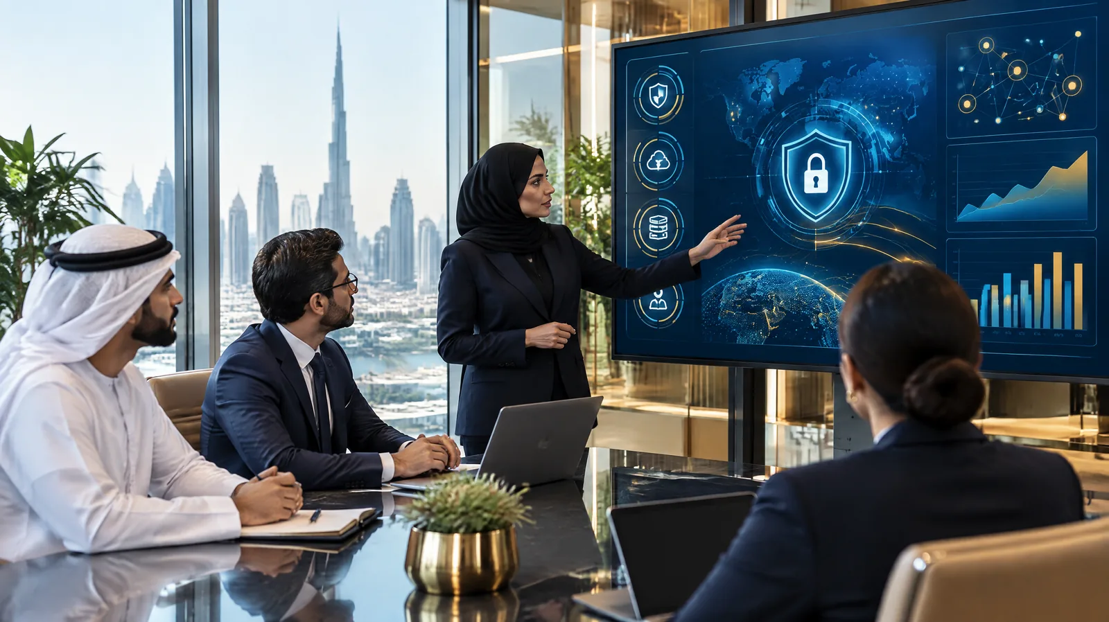 Financial services professionals reviewing a risk dashboard in a glass-walled office, representing cyber risk training for UAE financial institutions