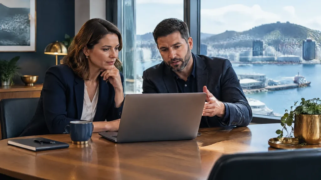 A Wellington small business owner and a cyber security consultant review security on a laptop.