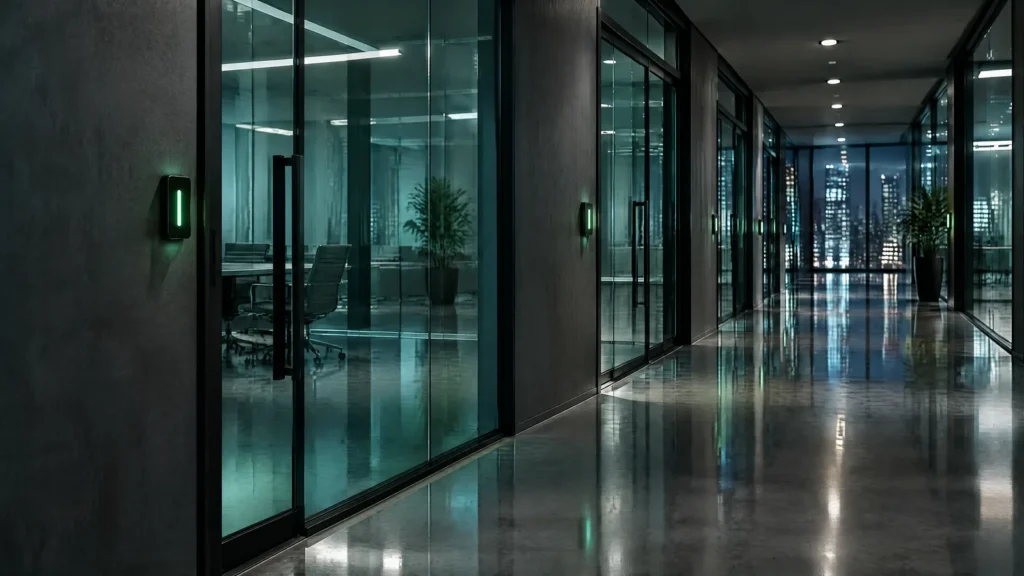 A series of glass security doors each with its own badge reader, representing zero trust verification at every step.